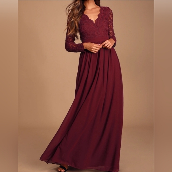 Lulus Awaken My Love Burgundy Long Sleeve Lace Maxi Dress - Picture 1 of 6